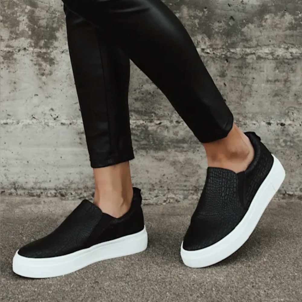 Lulu's | Cassay Black Crocodile-Embossed Platform Slip-On Sneakers | Black | 6